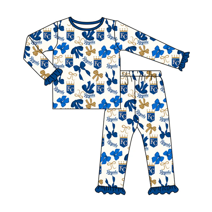 Preorder MOQ 5 Long sleeves K C blue bows kids girls team pajamas 8.21