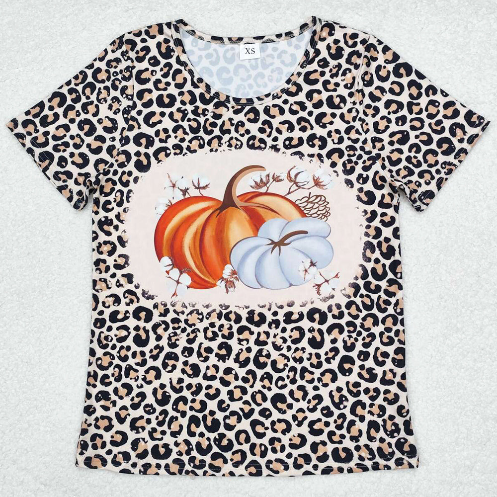 Adult Women T-shirts Leopard Pumpkin Fall Short Sleeve Tee Shirts Tops GT0689