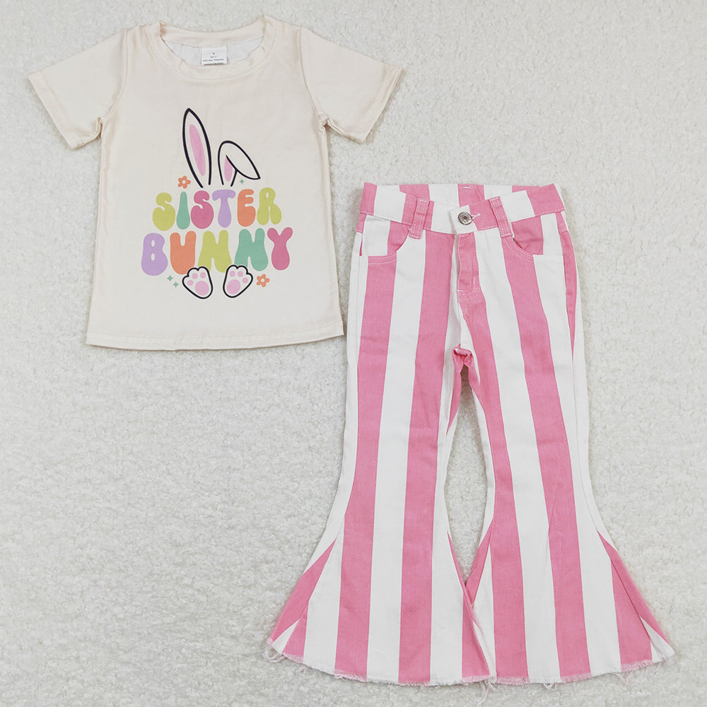 Baby Girls Clothes Sister Bunny Easter Shirts Denim Stripes Flare Pants Sets GSPO1133