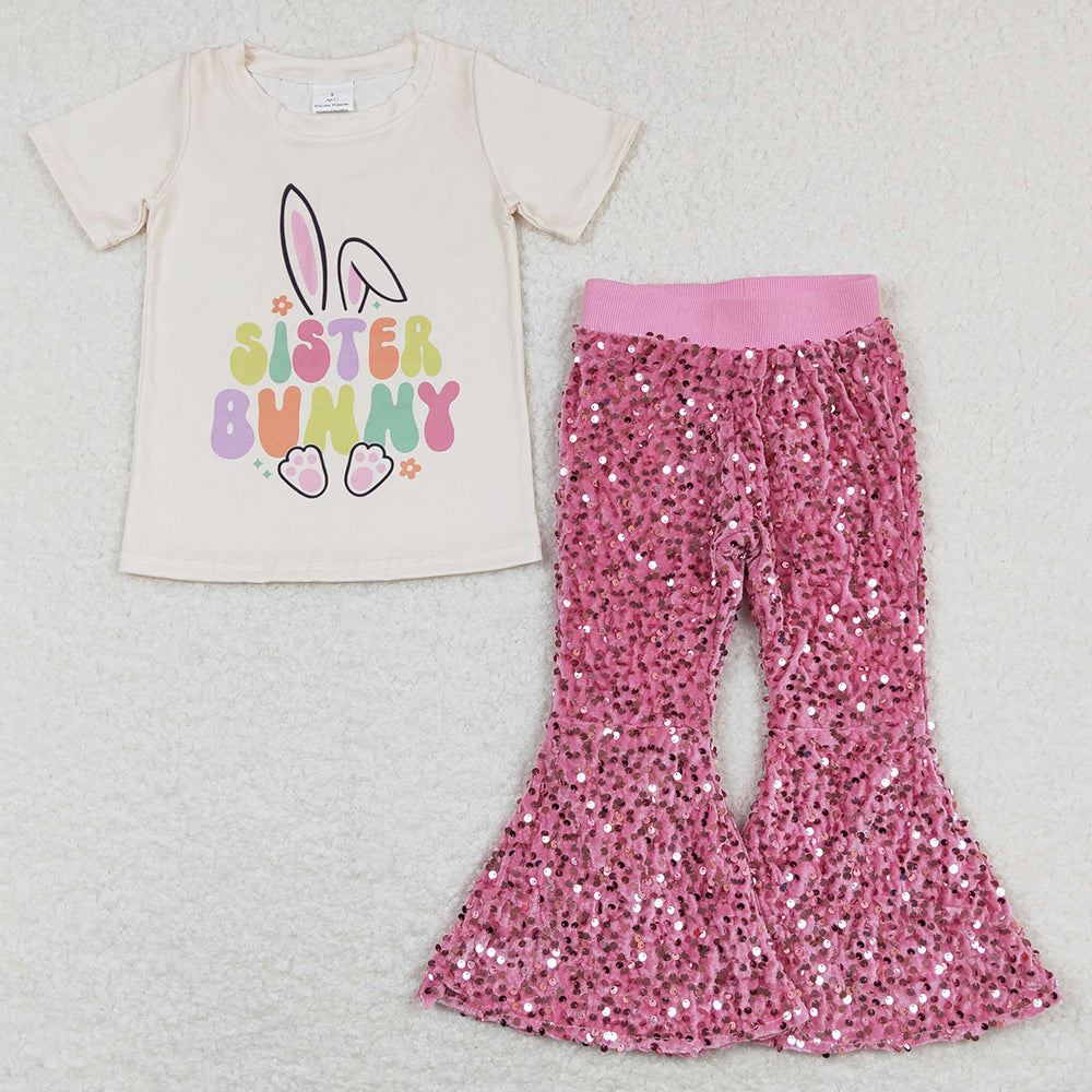 Baby Girls Clothes Easter Sister Bunny Tee Shirts Sequin Pants Sets