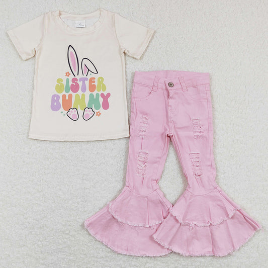 Baby Girls Clothes Sister Bunny Easter Shirts Denim Flare Bell Pants Sets GSPO1134