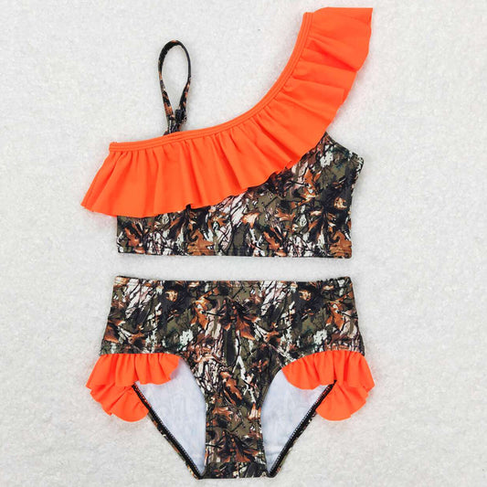 Baby Girls Swimsuit Summer Camo Orange Ruffle Two Pieces Swimsuits S0197