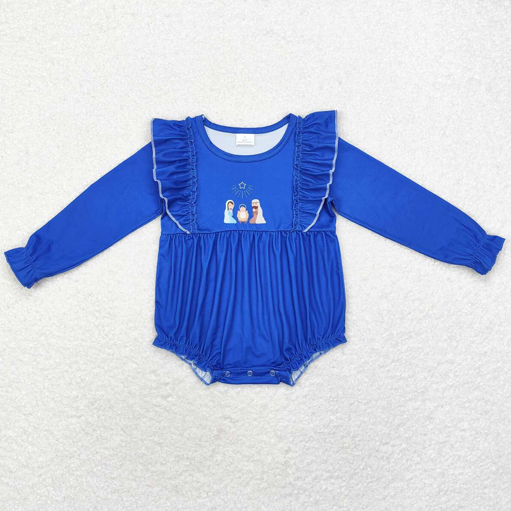 Baby Infant Girls Rompers Blue Nativity Christmas Ruffle Rompers LR1473