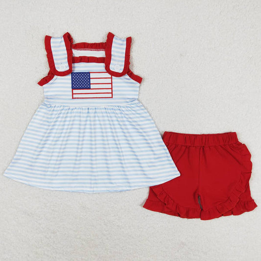 Baby Girls Clothes Flag Blue Stripes Tunic 4th Of July Shorts Sibling Clothes Sets GSSO0755