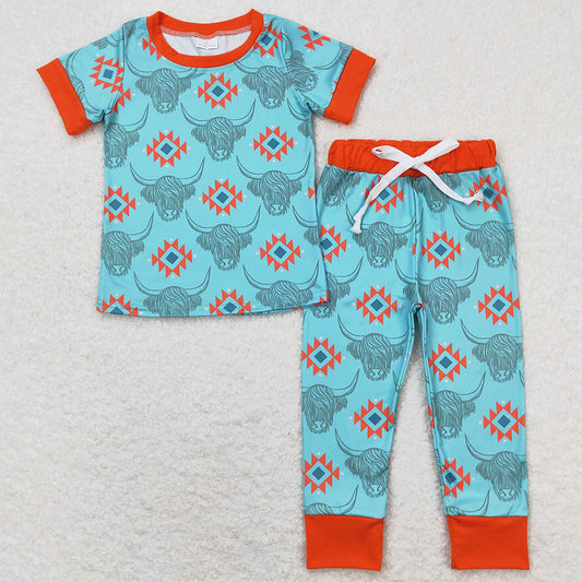 Toddler Baby Boys Clothes Western Cow Blue Aztec Tee Shirts Tops Pants Pajamas Sets BSPO0328