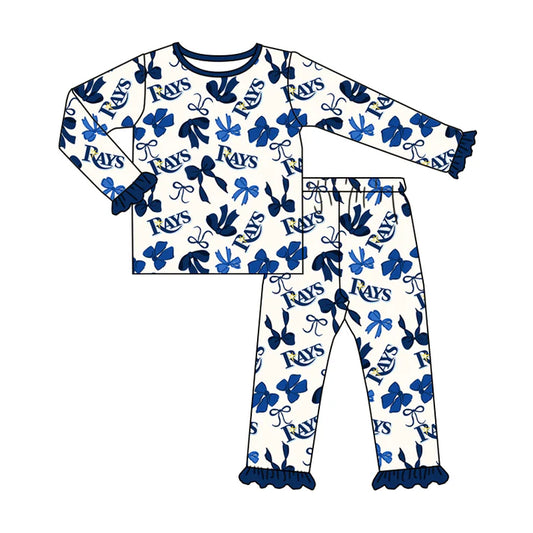 Preorder MOQ 5 Long sleeves R navy bows kids girls team pajamas 8.21