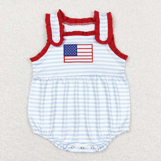 Boutique Baby Girls Rompers Blue Stripes Flag Ruffle Straps Rompers SR1210