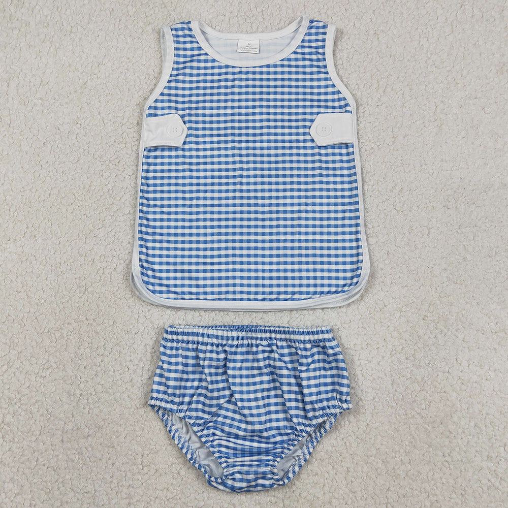 Baby Kids Clothes Blue Checked Top Bummies Clothes Sets GBO0531