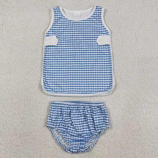 Baby Kids Clothes Blue Checked Top Bummies Clothes Sets GBO0531