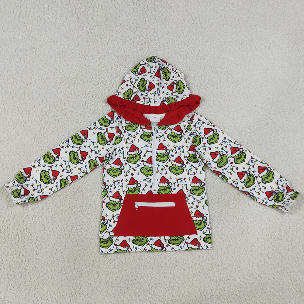 Baby Girls Clothes Green Frogs Lights Pocket Zip Christmas Ruffle Hoodies Top GT1163