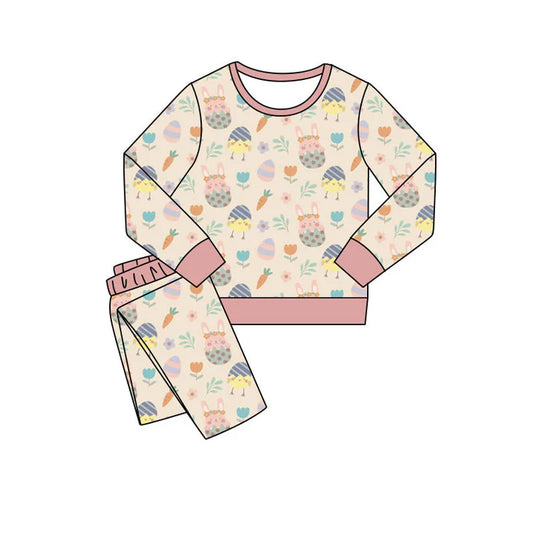 Preorder(moq 5) Baby Girls Long Sleeve Rabbit Chicks Flowers Top Pants Easter Pajamas Sets 11.12