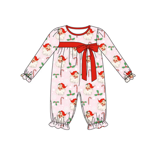 Preorder (moq 5)Baby Girls Long Ruffle Sleeves Red Santa Candy Cane Pant Rompers 5.30