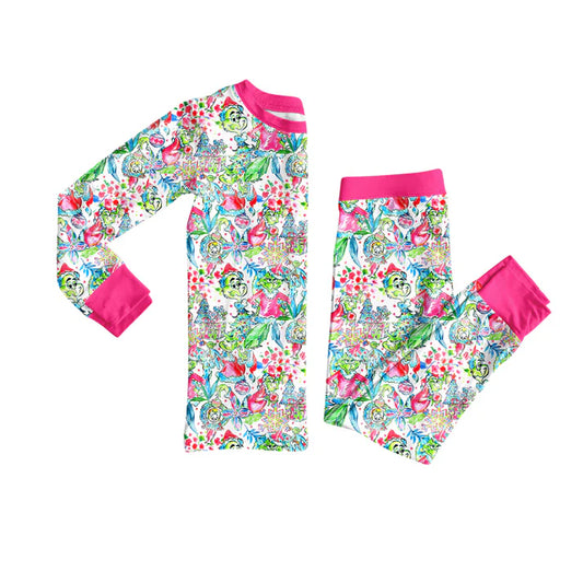 Preorder (moq 5)Baby Girls Green Face Floral Top Pants Christmas Pajamas Set 8.1