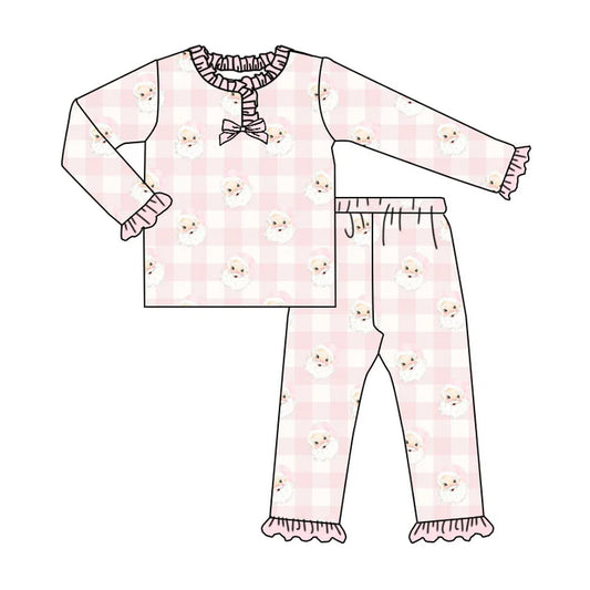 Preorder (moq 8)Baby Girls Pink Checked Santa Top Ruffle Pants Christmas Pajamas Sets 9.23