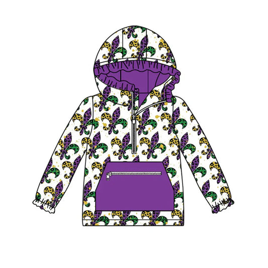 Preorder (moq 8)Baby Girls Anchors Checked Pocket Zipper Mardigras Ruffle Hoodies Top 9.10