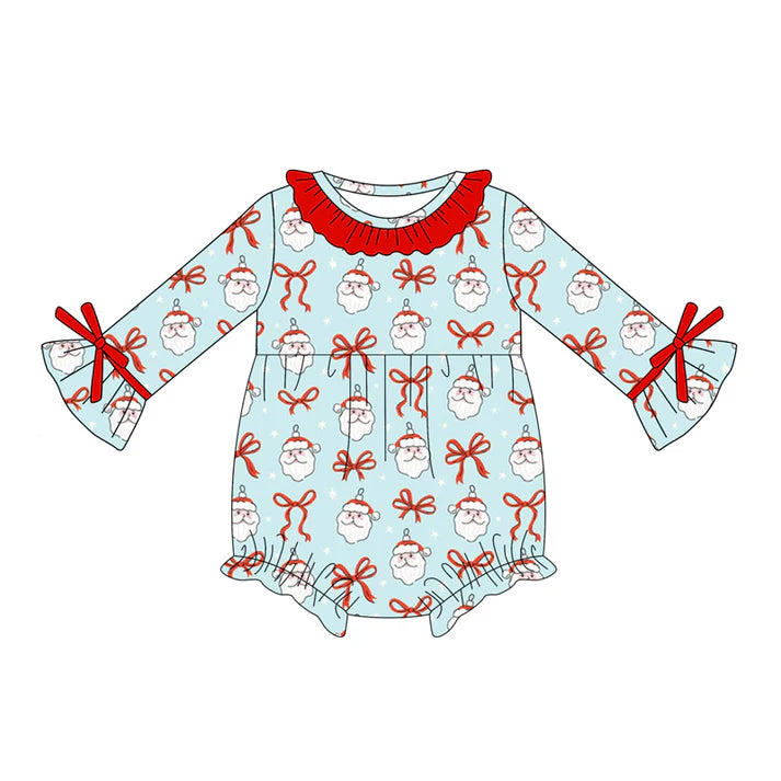 Preorder (moq 5)Baby Girls Blue Long Sleeves Bows Santa Ruffle Rompers 5.17