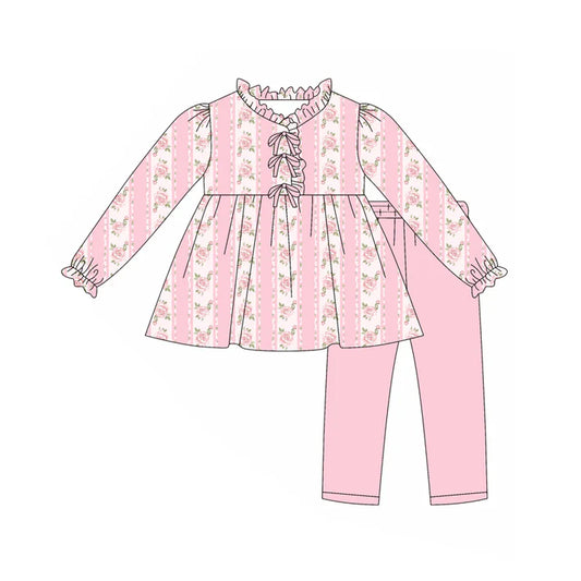 Preorder(moq 5) Baby Girls Long Ruffle Sleeves Pink Flowers Stripe Tunic Legging Pants Set 7.24