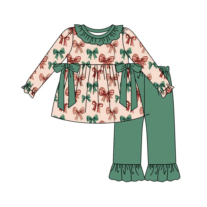 Preorder (moq 5)Baby Girls Long Sleeves Colorful Bows Tunic Green Ruffle Pant Set 6.2