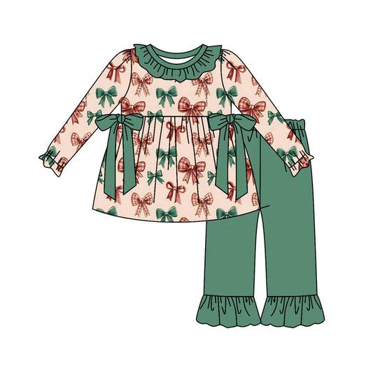 Preorder (moq 5)Baby Girls Long Sleeves Colorful Bows Tunic Green Ruffle Pant Set 6.2