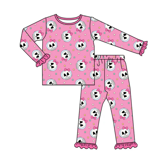 Preorder (moq 5)Baby Girls Pink Long Ruffle Sleeves Stars Skulls Top Pant Pajamas Set 6.21