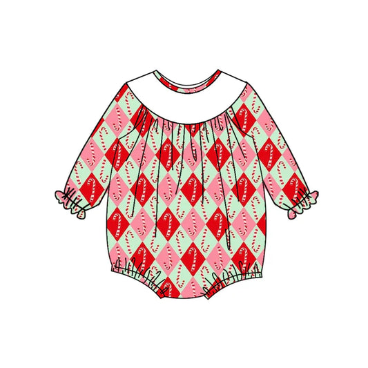 Preorder (moq 5)Baby Girls Long Sleeves Red Green Candy Cane Plaid Ruffle Romper 7.3