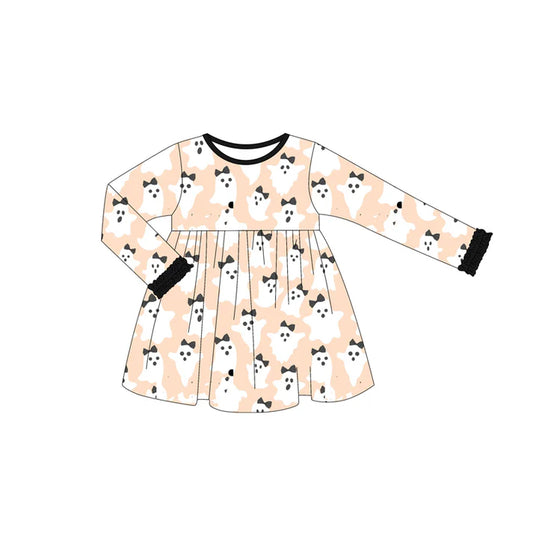 Preorder (moq 5)Baby Girls Long Ruffle Sleeves Bows Ghosts Plaid Knee Length Dresses 6.12