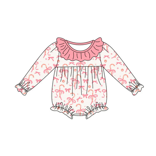 Preorder moq 5 Baby Infant Girls Long Sleeves Pink Bows Candy Cane Plaid Ruffle Romper 7.14