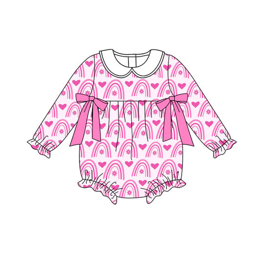 Preorder (moq 8)Baby Boys Pink Rainbows Hearts Bows Valentine Ruffle Rompers 9.15
