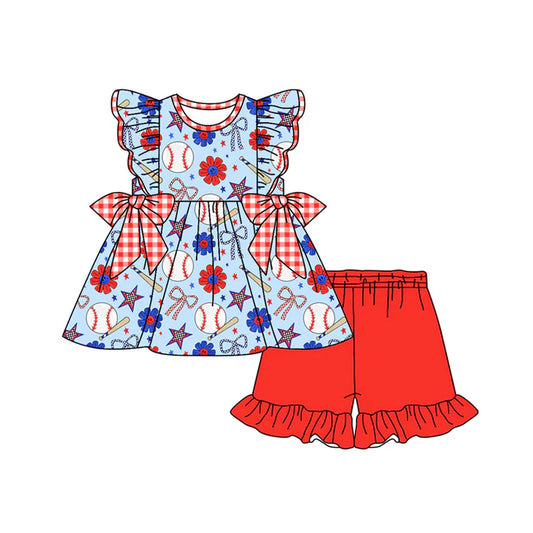 Preorder moq 5 Baby Girls Flutter Sleeves Baseballs Flowers Tunic Ruffle Short 4th Of July Set 4.23