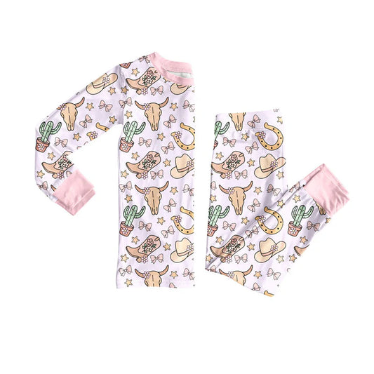 Preorder (moq 8)Baby Girls Pink Bull Skulls Hats Top Pant Pajamas Sets 9.8