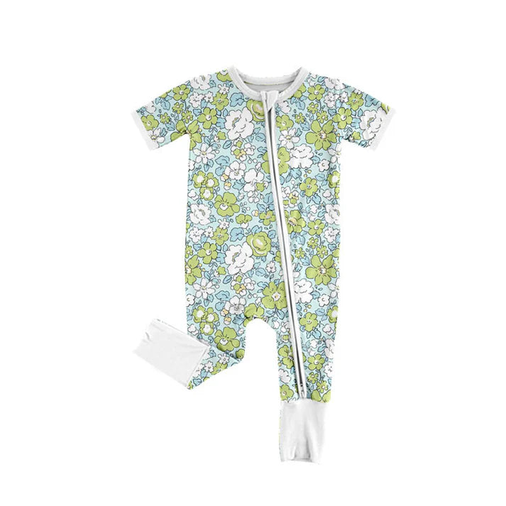 Preorder (moq 5)Baby Girls Short Sleeve Green Flowers Two Way Zipper Convertible Rompers 11.12