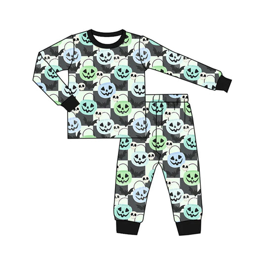 Preorder (moq 5)Baby Boys Long Sleeves Black Plaid Ghost Pumpkins Top Pant Pajamas Sets 6.11