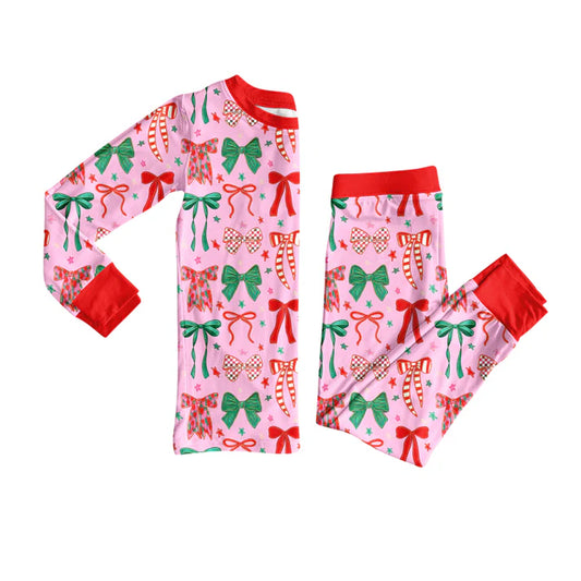 Preorder (moq 5)Baby Girls Long Sleeves Green Red Bows Plaid Top Pants Pajamas Set 7.26