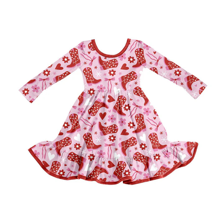 Preorder (moq 5)Baby Girls Boots Bows Flowers Valentine Ruffle Knee Length Dresses 9.3
