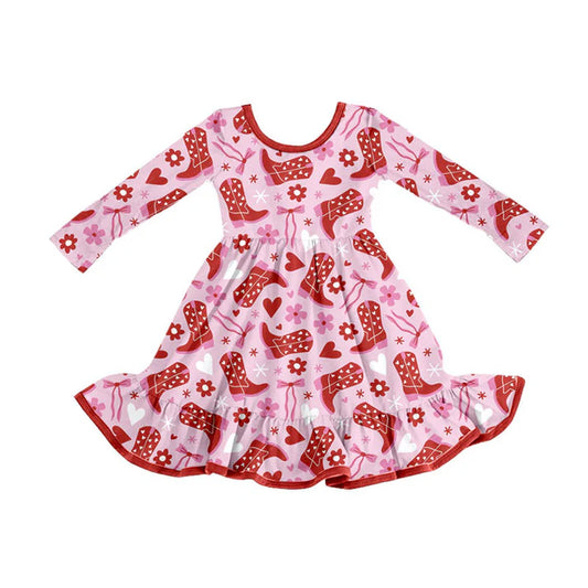 Preorder (moq 5)Baby Girls Boots Bows Flowers Valentine Ruffle Knee Length Dresses 9.3