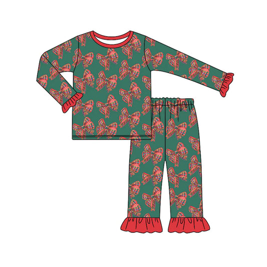 Preorder (moq 5)Baby Girls Long Ruffle Sleeves Plaid Bows Top Pant Pajamas Set 6.18
