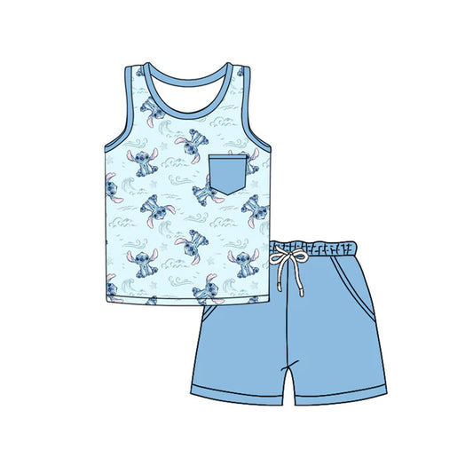 Preorder moq 5 Baby Boys Blue Sleeveless Cartoon Bunny Pocket Top Short Set 4.14