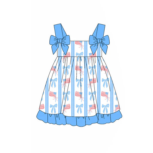 Preorder moq 5 Baby Girls Blue Strap Flags Bows 4th Of July Knee Length Dresses 4.22