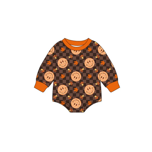 Preorder moq 5 Baby Infant Boys Long Sleeves Brown Plaid Smiles Leaves Romper 7.14