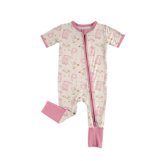Preorder (moq 5)Baby Girls Light Pink Short Sleeves Horse Boots Zipper Rompers 6.4