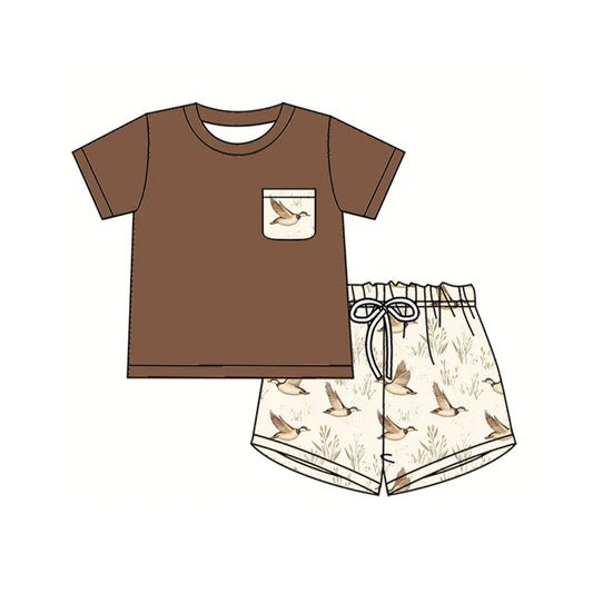 Preorder moq 5 Baby Boys Brown Short Sleeves Pocket Top Ducks Short Set 4.17