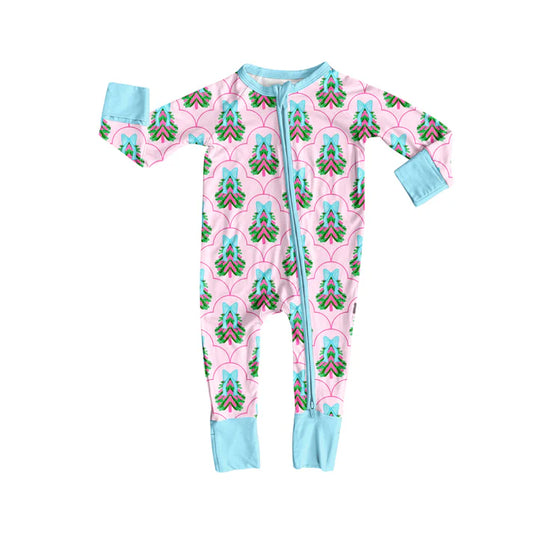 Preorder (moq 5)Baby Girls Long Sleeves Pink Bows Trees Plaid Zipper Romper 7.3
