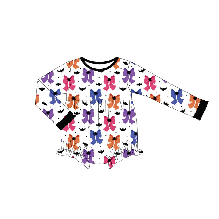 Preorder (moq 5)Baby Girls Long Ruffle Sleeves Colorful Bows Bats Bummies Rompers 6.13