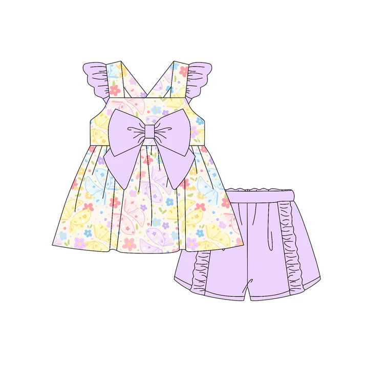 Preorder moq 5 Baby Girls Lavender Flutter Sleeves Colorful Butterfly Flowers Tunic Ruffle Short Set 4.19
