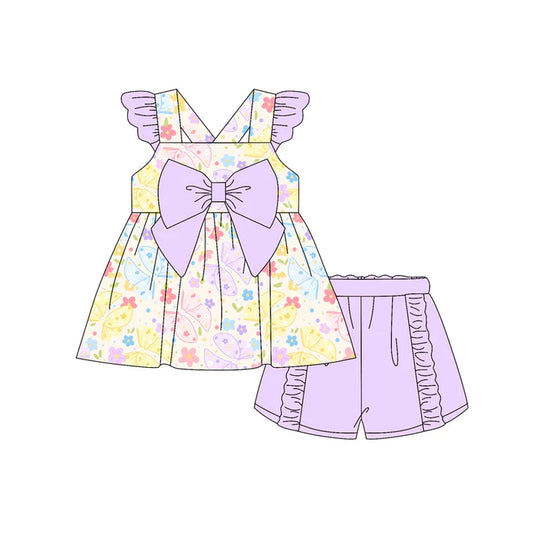Preorder moq 5 Baby Girls Lavender Flutter Sleeves Colorful Butterfly Flowers Tunic Ruffle Short Set 4.19