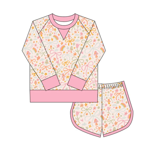 Preorder(moq 8)Baby Girls Colorful Mushrooms Flowers Long Sleeve Top Shorts Clothes Set 9.27