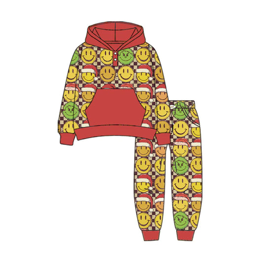 Preorder(moq 5) Baby Boys Long Sleeves Green Face Smiles Plaid Pockets Button Hoodies Pants Set 7.23