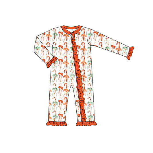 Preorder (moq 5)Baby Girls Long Sleeves Orange Bows Candy Cane Zipper Pant Rompers 6.13