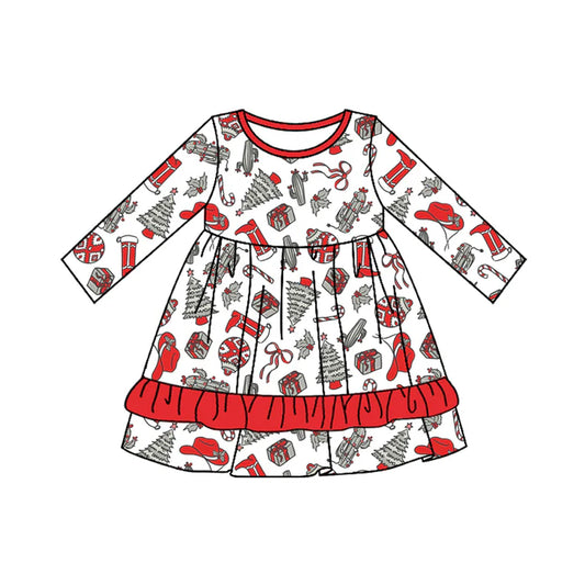 Preorder moq 5 Baby Girls Long Sleeves Boots Trees Ruffle Knee Length Dresses 5.7