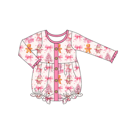 Preorder (moq 5)Baby Girls Long Sleeves Pink Bows Santa Gingerbread Button Ruffle Romper 7.3